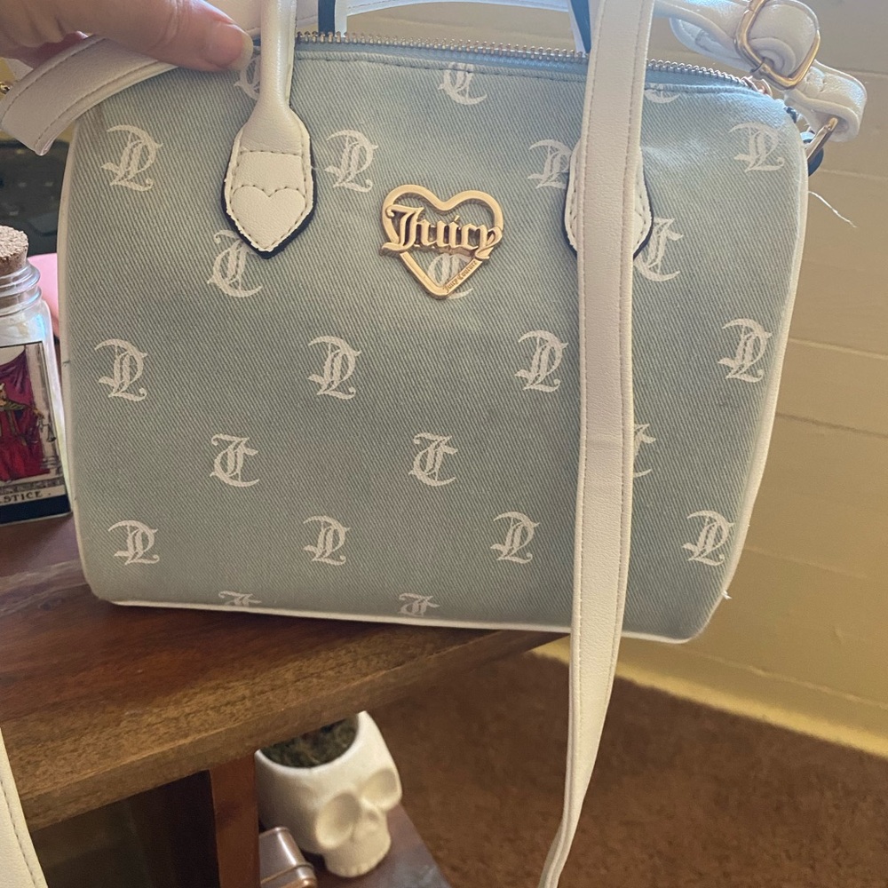 Juicy Couture Blue and White Crossbody Bag with Monogram Design